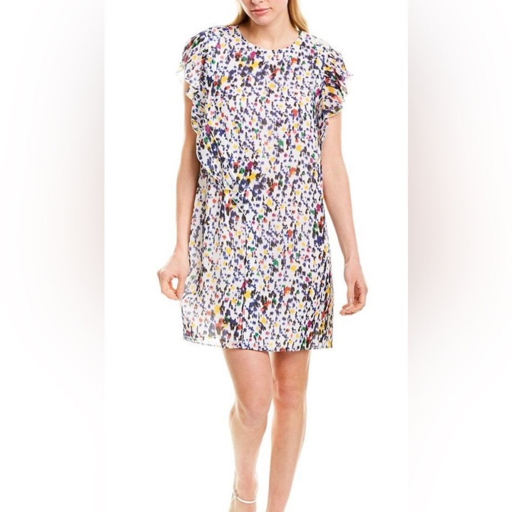 Derek Lam White and Blue Flutter Sleeve Mini Dress Paint Splatter Ikat Print